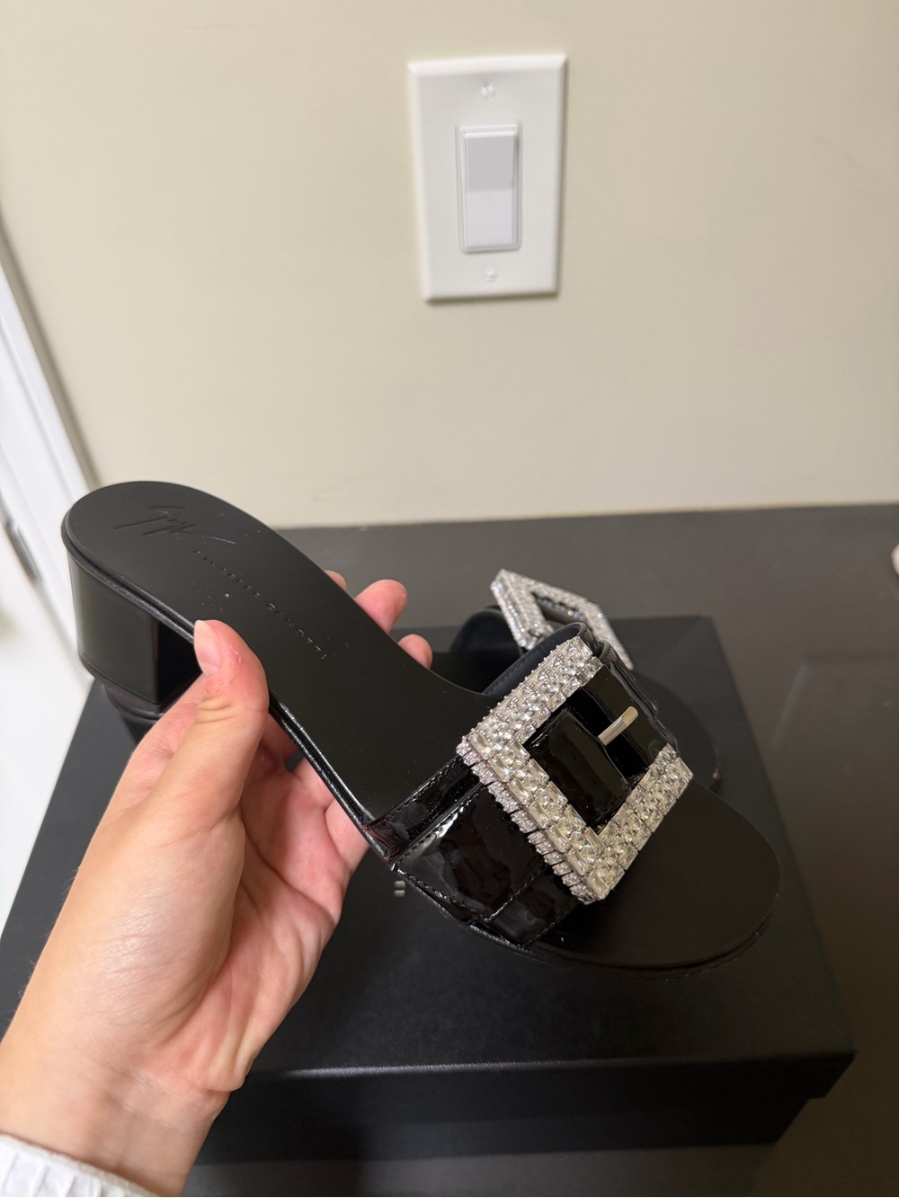Patent Leather Crystal Buckle Slide Sandal | EU37/US7 | Worn Once